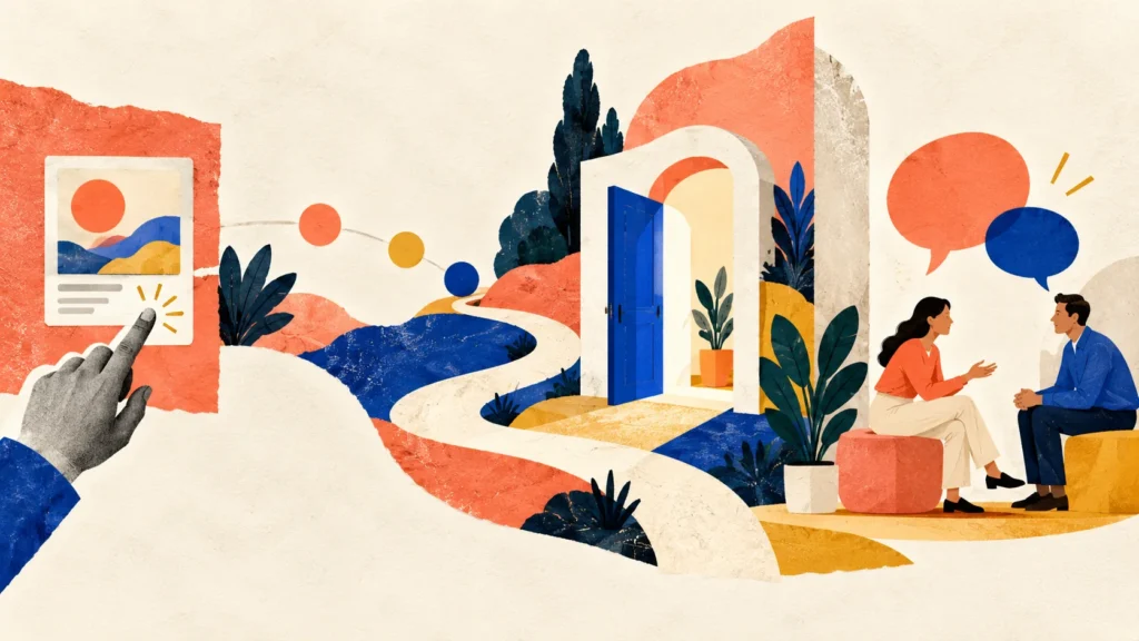 Editorial paper-cut illustration of a visitor moving from an advertisement through a landing page toward an enquiry form